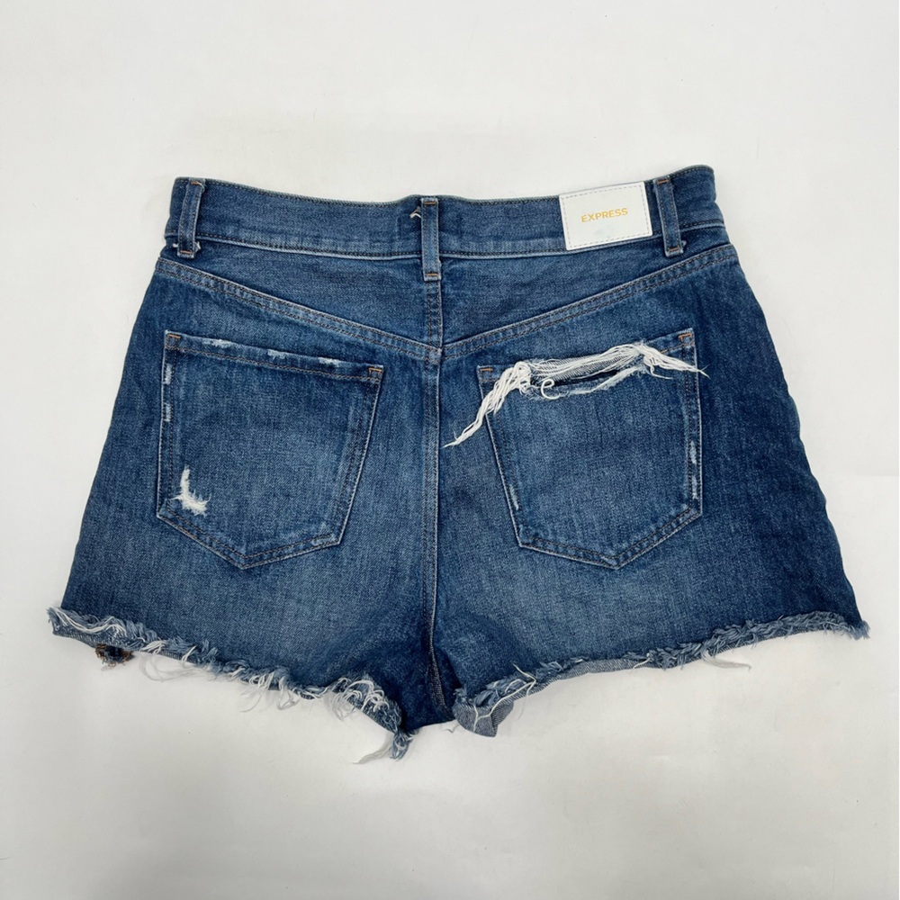 Express Super High Rise Distressed Medium Wash Raw Hem Mom Shorts Size 8 - Picture 7 of 11